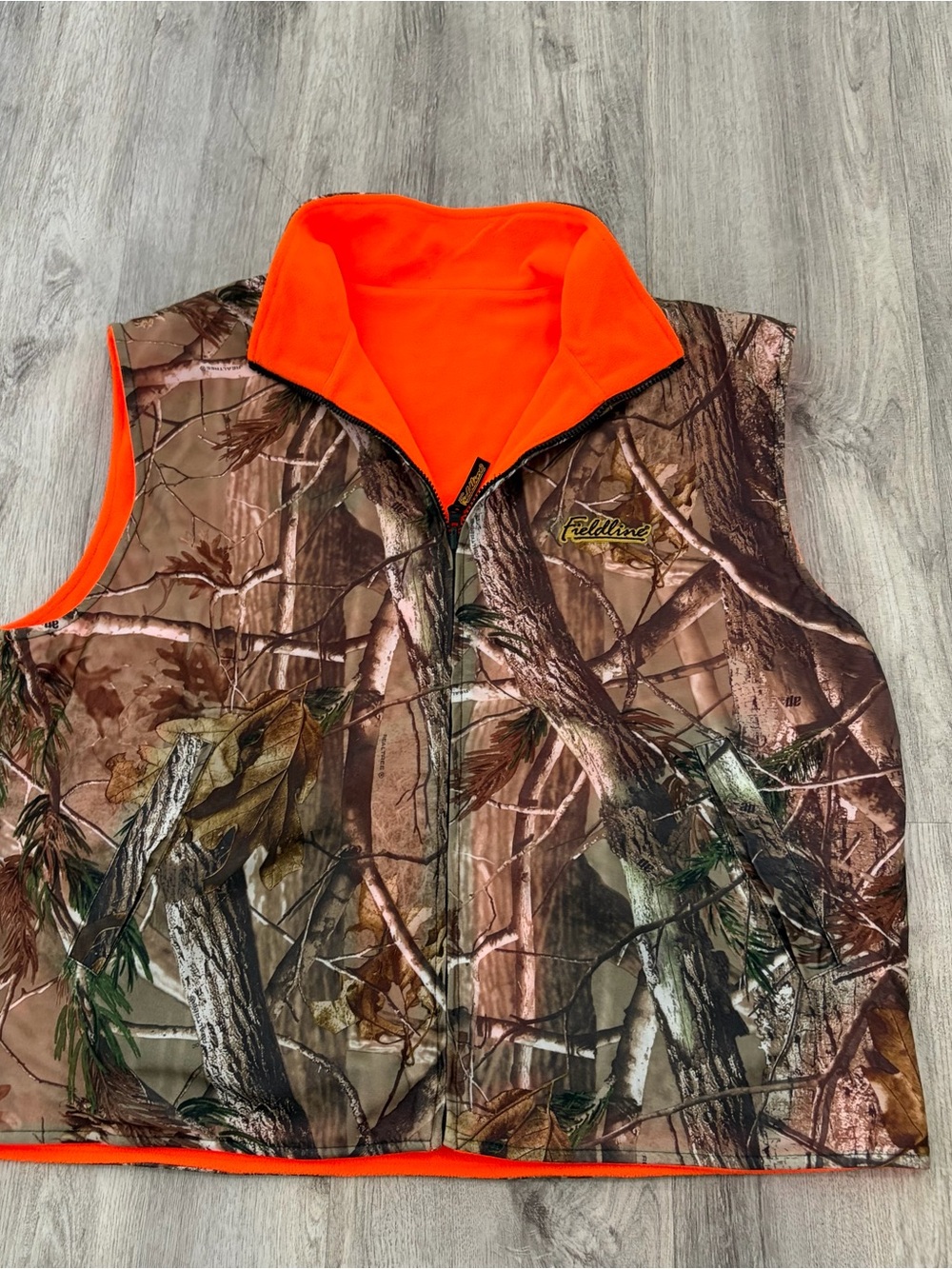 Fieldline Realtree Camo Reversible Hunting Vest Mens XL Blaze Orange Fleece